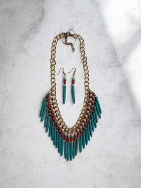Southwestern Look Colorful Spike & Round Bead Stmt Necklace Earrings - GT Chain